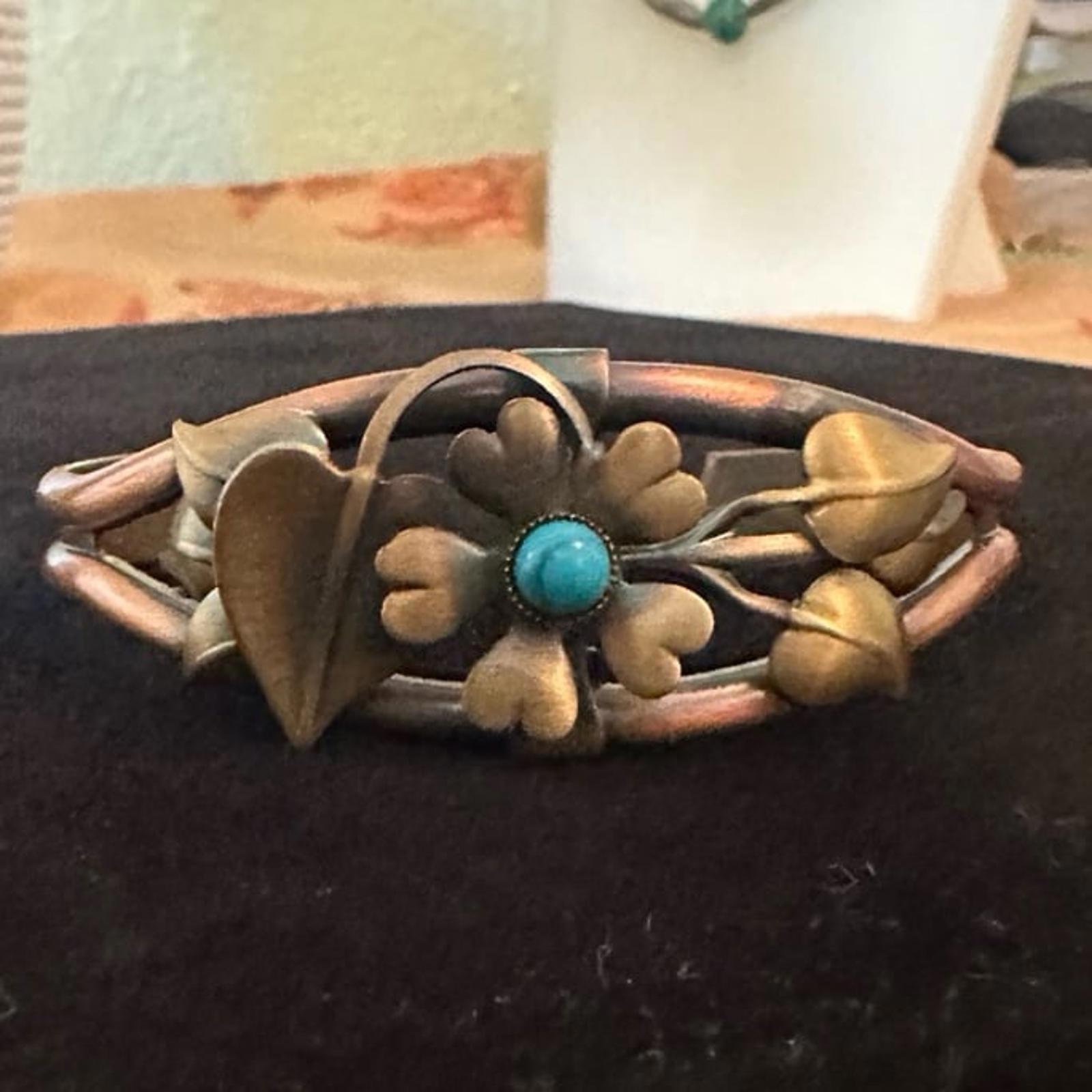 Genuine Copper Cuff Bracelet 2 Toned W/ Turquoise Center